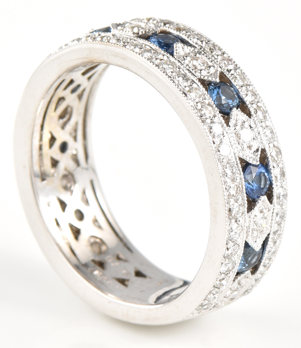 14K White Gold Diamond and Sapphire Band 
