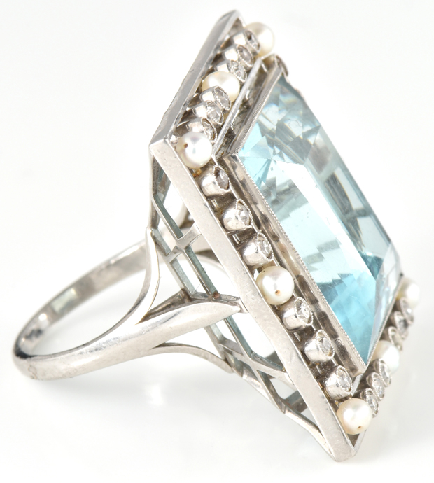 Platinum Aquamarine, Pearl and Diamond Ring