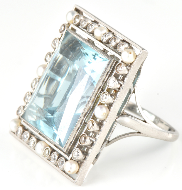 Platinum Aquamarine, Pearl and Diamond Ring