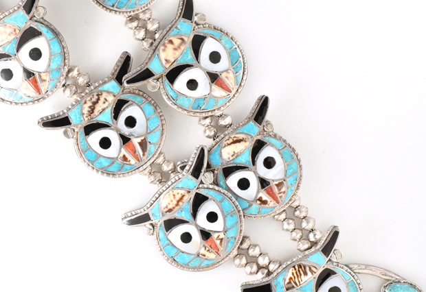 Sterling Silver Owl Squash Blossom Necklace