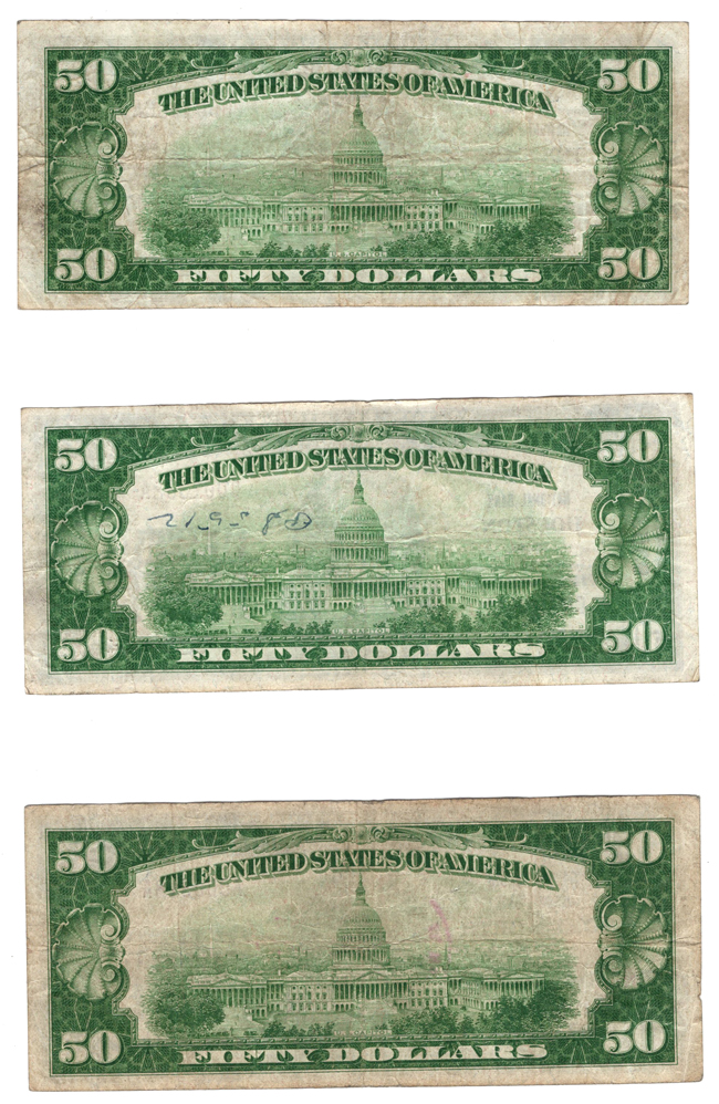 Three 1929 $50 Type 1 Texas National Bank Notes, F to VF, as described.