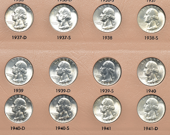Nearly complete collection of Washington quarters, 1932 through 1998, including proof-only issues, in a Dansco 8140 album