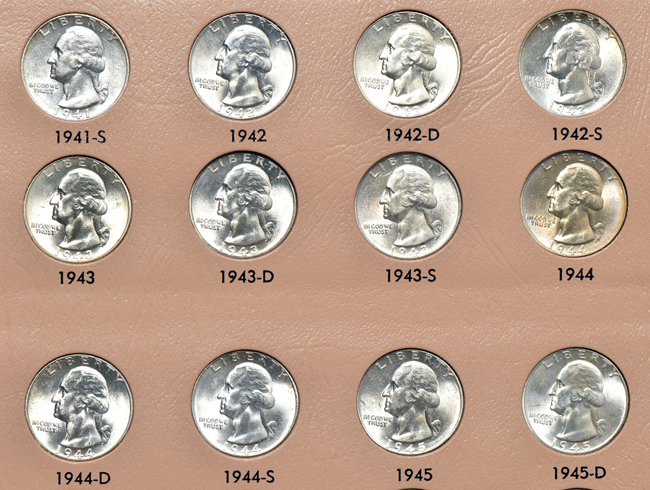 Nearly complete collection of Washington quarters, 1932 through 1998, including proof-only issues, in a Dansco 8140 album