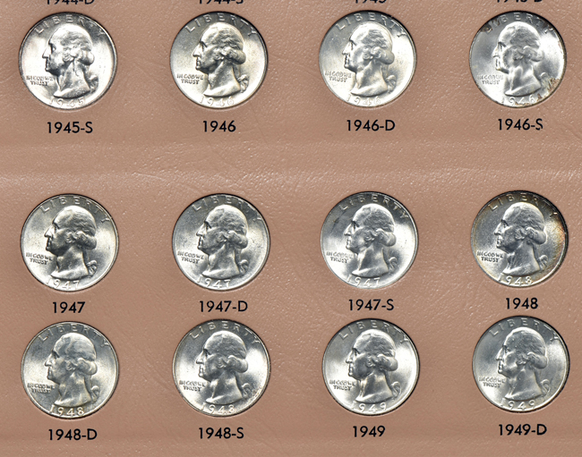 Nearly complete collection of Washington quarters, 1932 through 1998, including proof-only issues, in a Dansco 8140 album