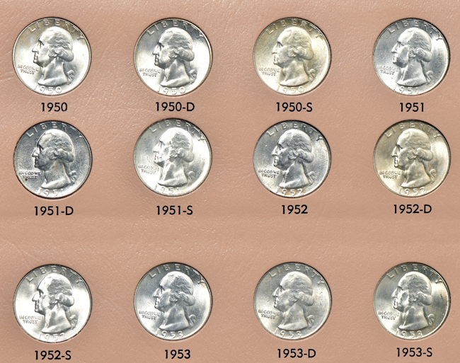 Nearly complete collection of Washington quarters, 1932 through 1998, including proof-only issues, in a Dansco 8140 album