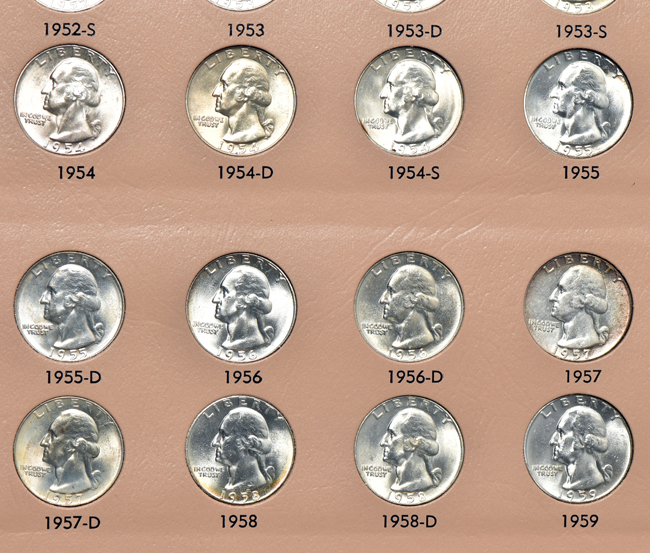 Nearly complete collection of Washington quarters, 1932 through 1998, including proof-only issues, in a Dansco 8140 album