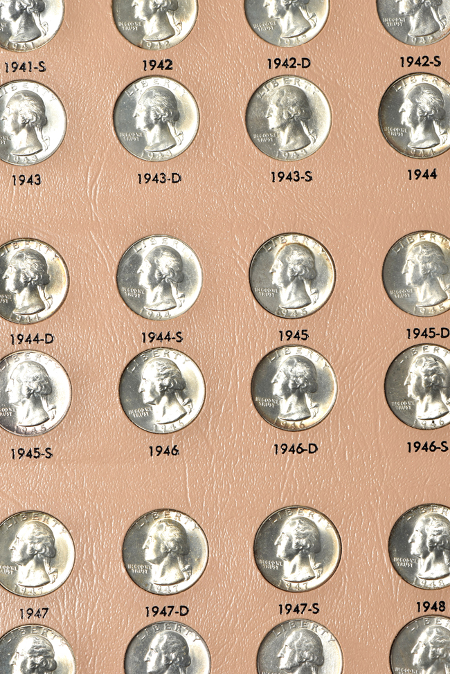 Nearly complete collection of Washington quarters, 1932 through 1998, including proof-only issues, in a Dansco 8140 album