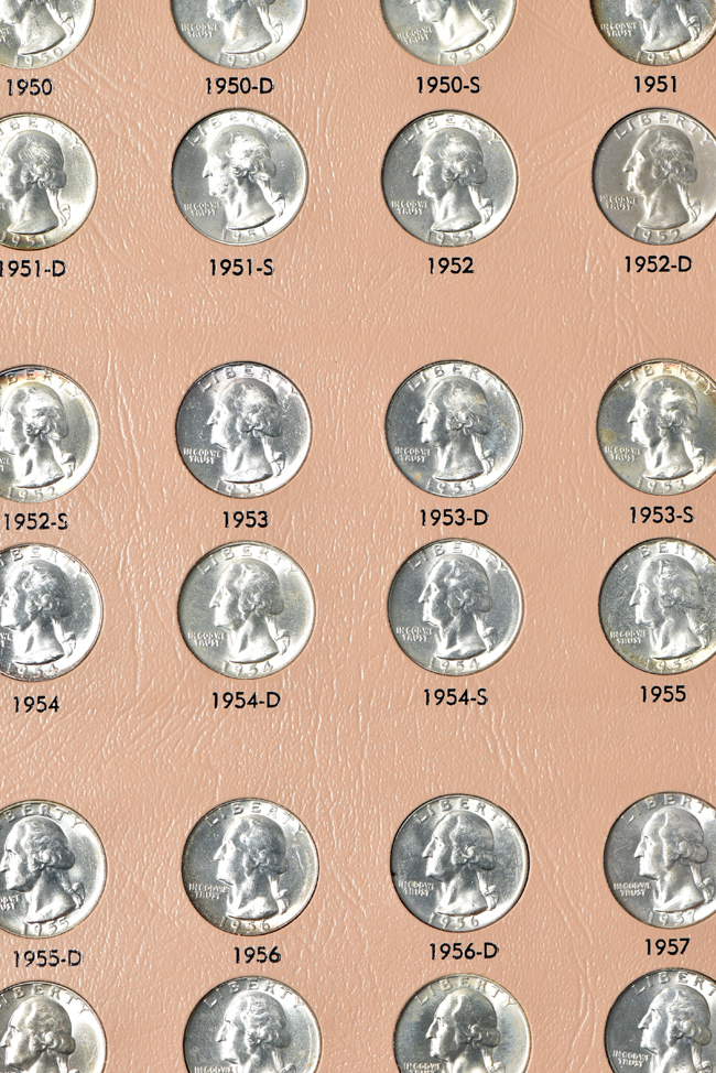 Nearly complete collection of Washington quarters, 1932 through 1998, including proof-only issues, in a Dansco 8140 album