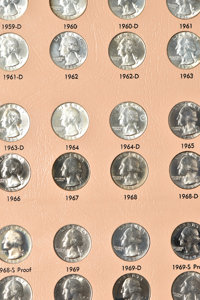 Nearly complete collection of Washington quarters, 1932 through 1998, including proof-only issues, in a Dansco 8140 album