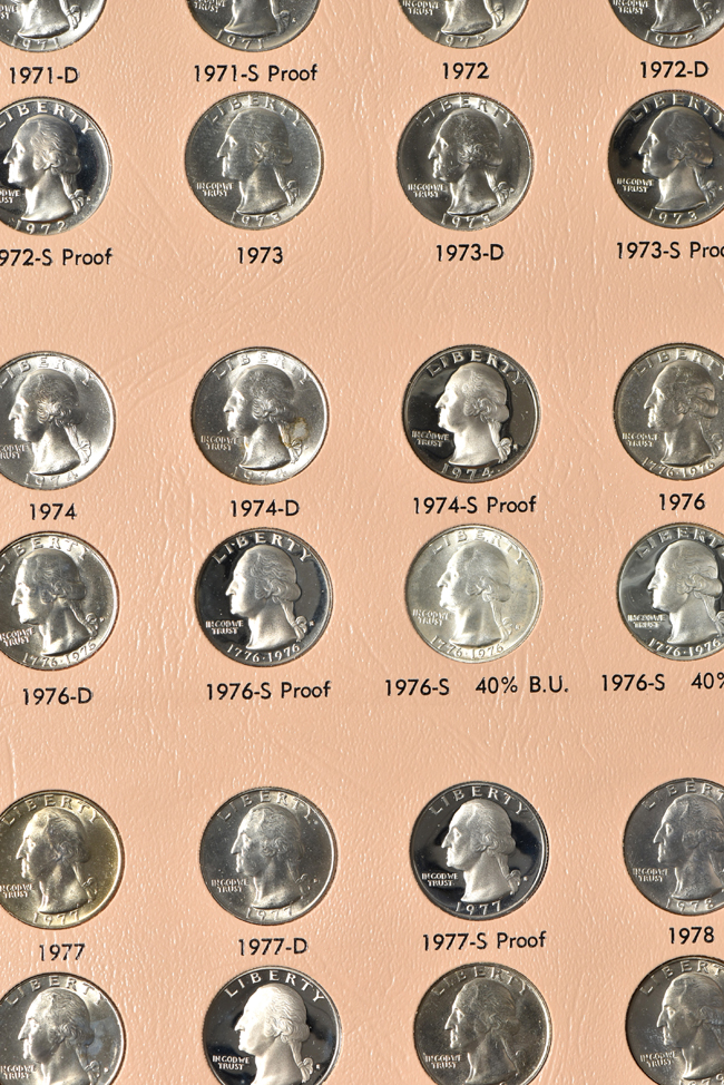 Nearly complete collection of Washington quarters, 1932 through 1998, including proof-only issues, in a Dansco 8140 album