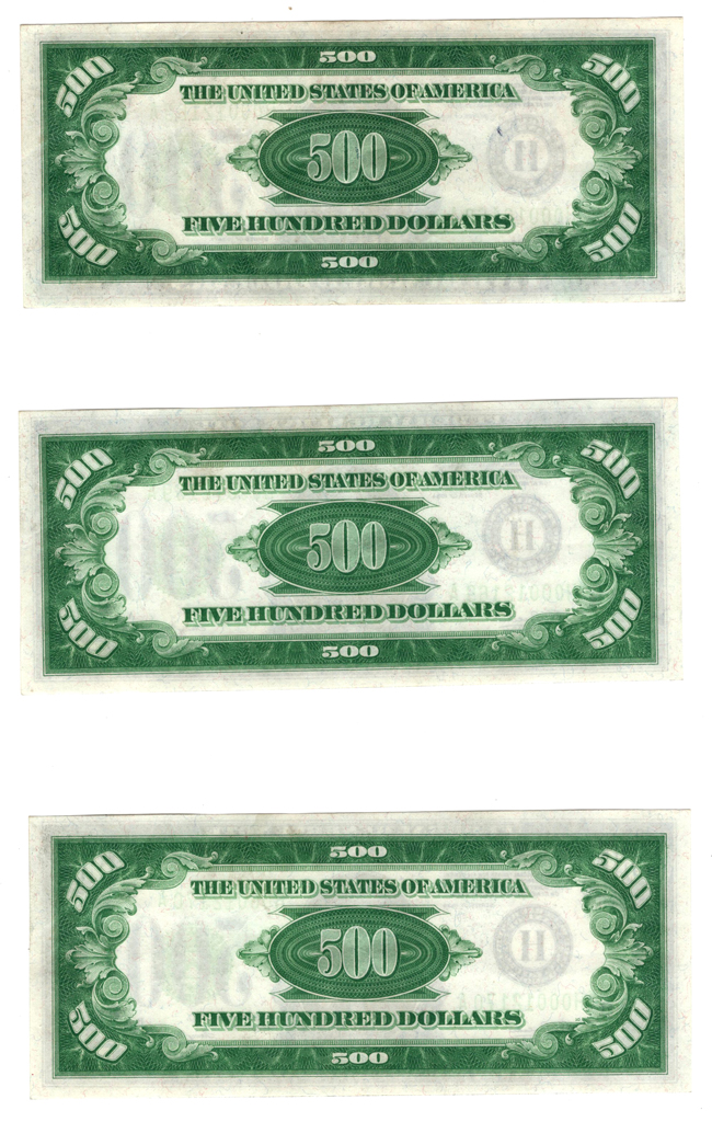 Three sequential 1934 $500 St. Louis Fr# 2201H - AU