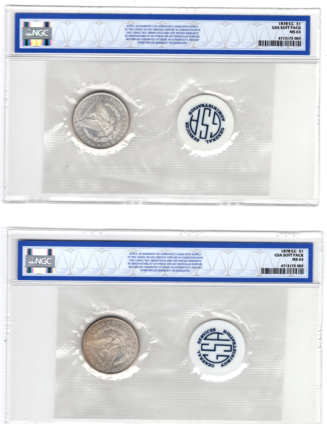 Two 1878-CC GSA soft pack, both NGC MS-63