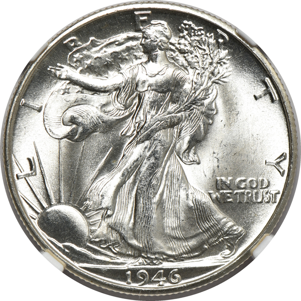 Two 1943, 1943-D, and two 1946-D, all NGC MS-66 CAC