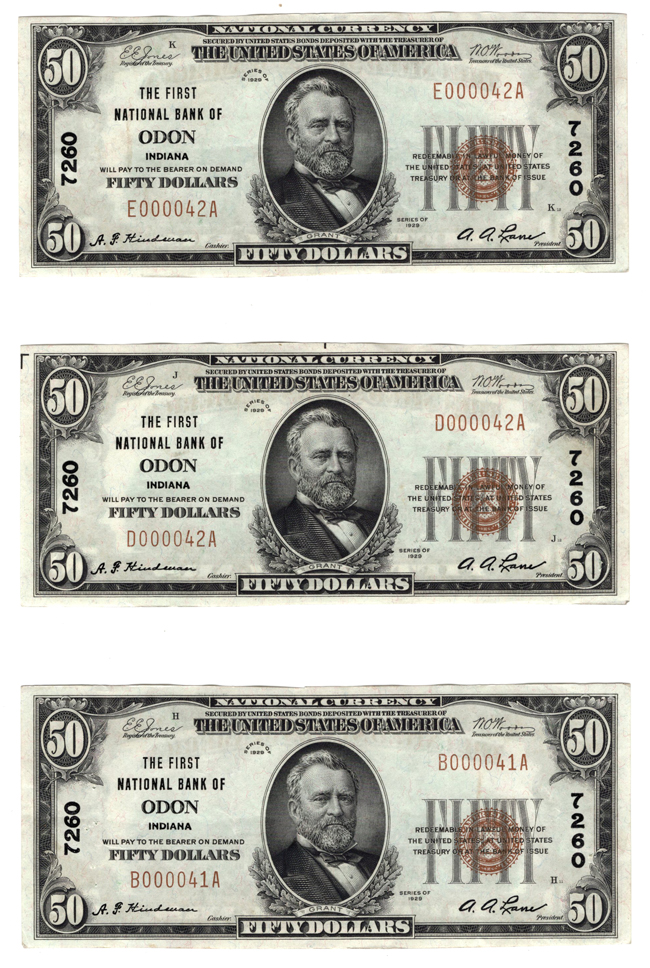 Four 1929 $50 Type 1 - Odon, IN Charter #7260 - AU