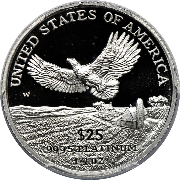 2000-W $25 1/4oz Platinum Eagle PCGS PR-70DCAM, and a 2014-W 3/4oz Gold Kennedy half-dollar NGC PR-70 Ultra Cameo