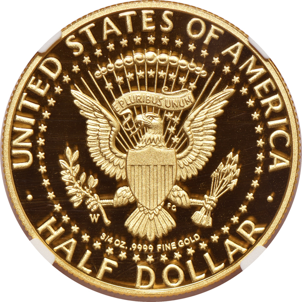 2000-W $25 1/4oz Platinum Eagle PCGS PR-70DCAM, and a 2014-W 3/4oz Gold Kennedy half-dollar NGC PR-70 Ultra Cameo