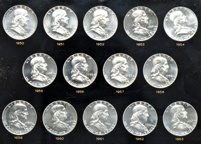 Complete collection of Proof Franklin half-dollars in a Capital Plastics holder
