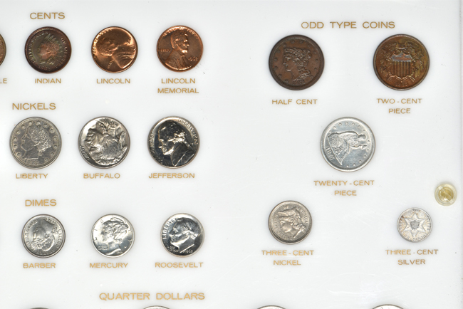 Collection of thirty-six U.S. type coin in a Capital Plastics holder