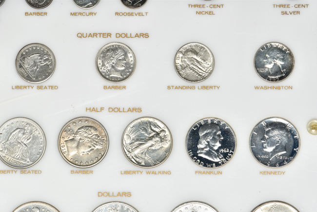 Collection of thirty-six U.S. type coin in a Capital Plastics holder