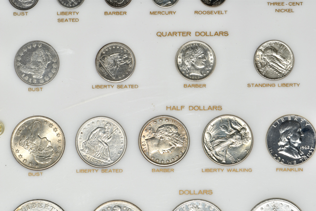Collection of thirty-six U.S. type coin in a Capital Plastics holder
