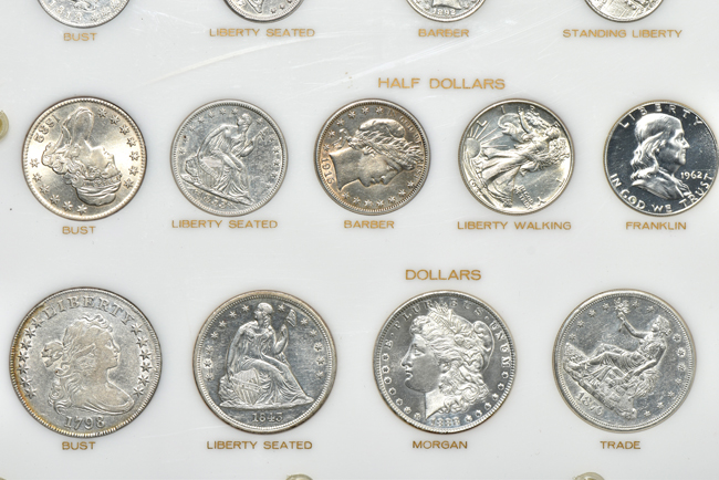 Collection of thirty-six U.S. type coin in a Capital Plastics holder