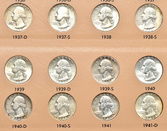 Complete collection of Washington quarters, including proof-only issues, 1932 through 2009-S in four Dansco albums