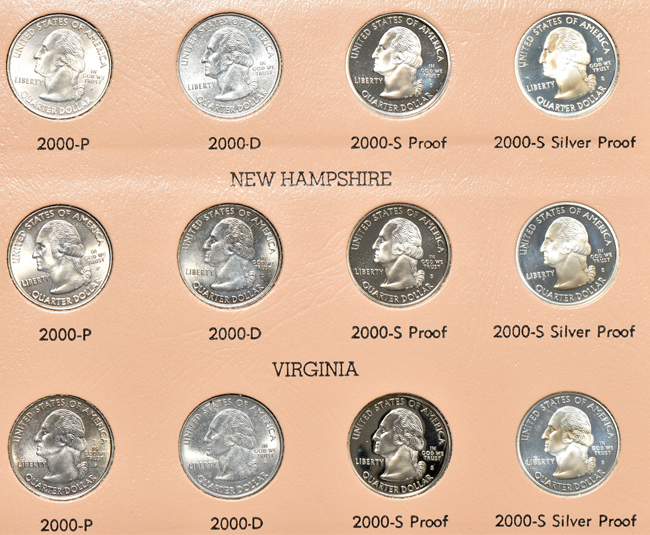 Complete collection of Washington quarters, including proof-only issues, 1932 through 2009-S in four Dansco albums