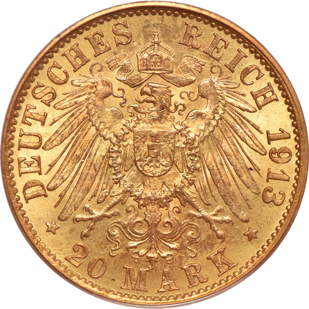 Multiple - 1913-A Prussia Military Bust 20 mark PCGS MS-64, 1915-VBP Denmark 20 kroner, and a 1949 Swiss 20 franc NGC MS-66 (no line)