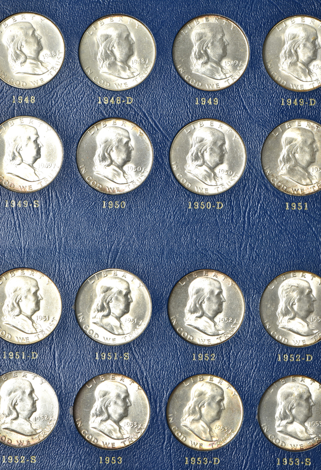 Collection of Mercury dimes and Franklin half-dollars