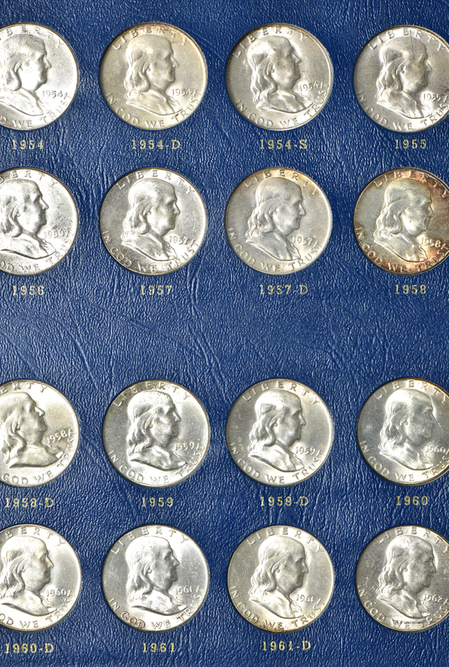Collection of Mercury dimes and Franklin half-dollars