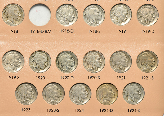 Collection of sixty-four different Buffalo nickels in a Dansco 7112 album