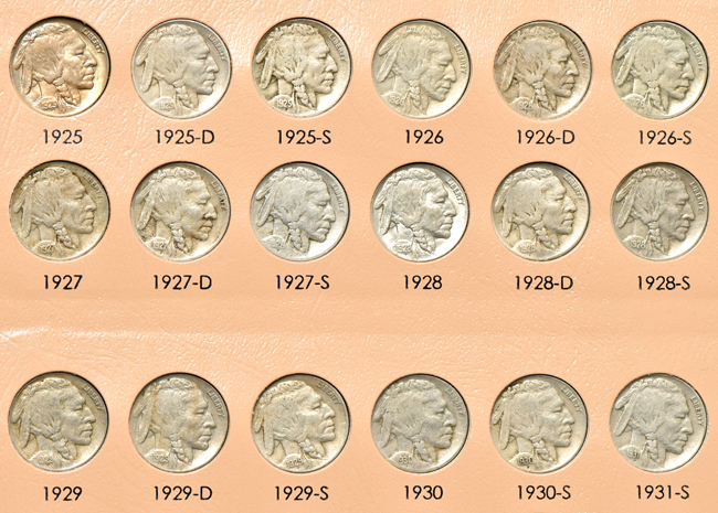 Collection of sixty-four different Buffalo nickels in a Dansco 7112 album