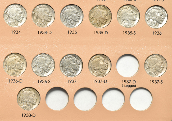 Collection of sixty-four different Buffalo nickels in a Dansco 7112 album