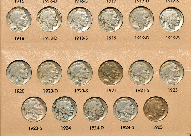 Collection of sixty-five different Buffalo nickels in a Dansco 7112 album