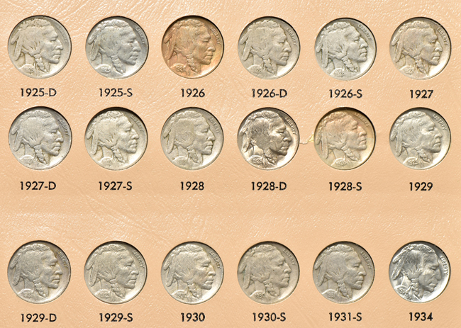 Collection of sixty-five different Buffalo nickels in a Dansco 7112 album