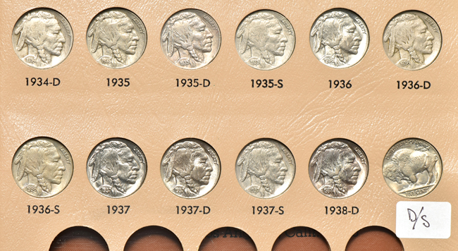 Collection of sixty-five different Buffalo nickels in a Dansco 7112 album