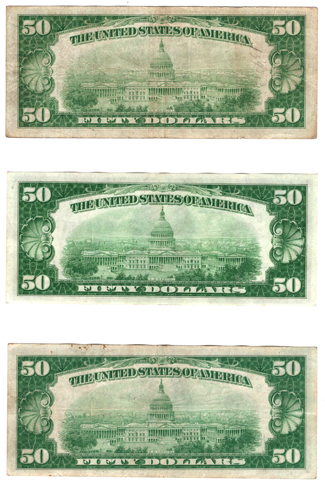 Nine 1928 $50 St. Louis and one 1928-A $50 Chicago Fr# 2100H and 2101G - VG to VF