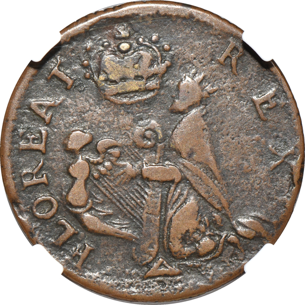 c. 1670 St. Patrick 1/4P VF details/environmental damage, and a 1787 Fugio States United 4 Cinquefoils VG details/cleaned, both NGC