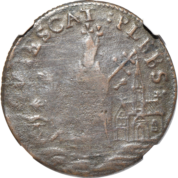 c. 1670 St. Patrick 1/4P, plus two Fugio cents, all NGC, as described