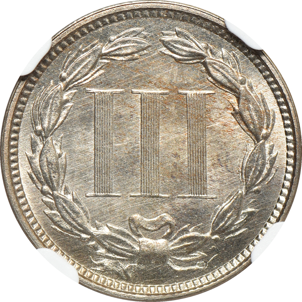 Five certified three-cent pieces