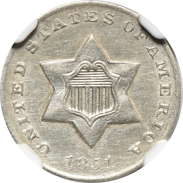 Five certified three-cent pieces