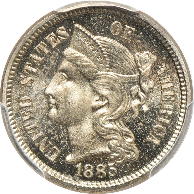 Five certified three-cent pieces
