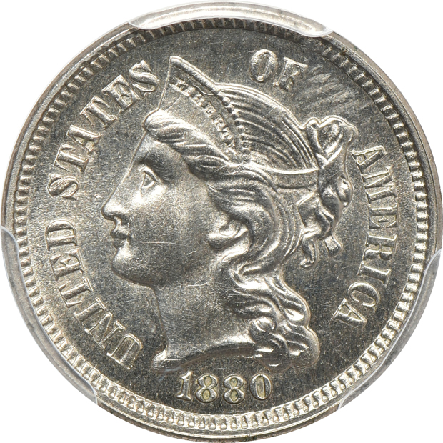 Five certified three-cent pieces