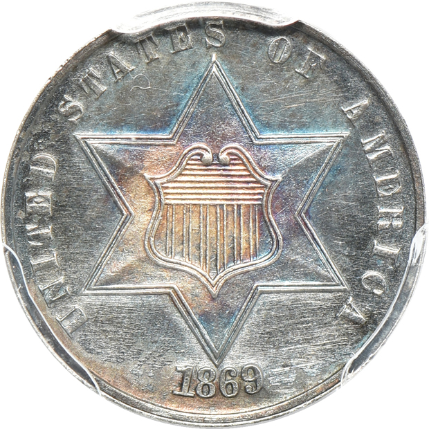 Five certified three-cent pieces
