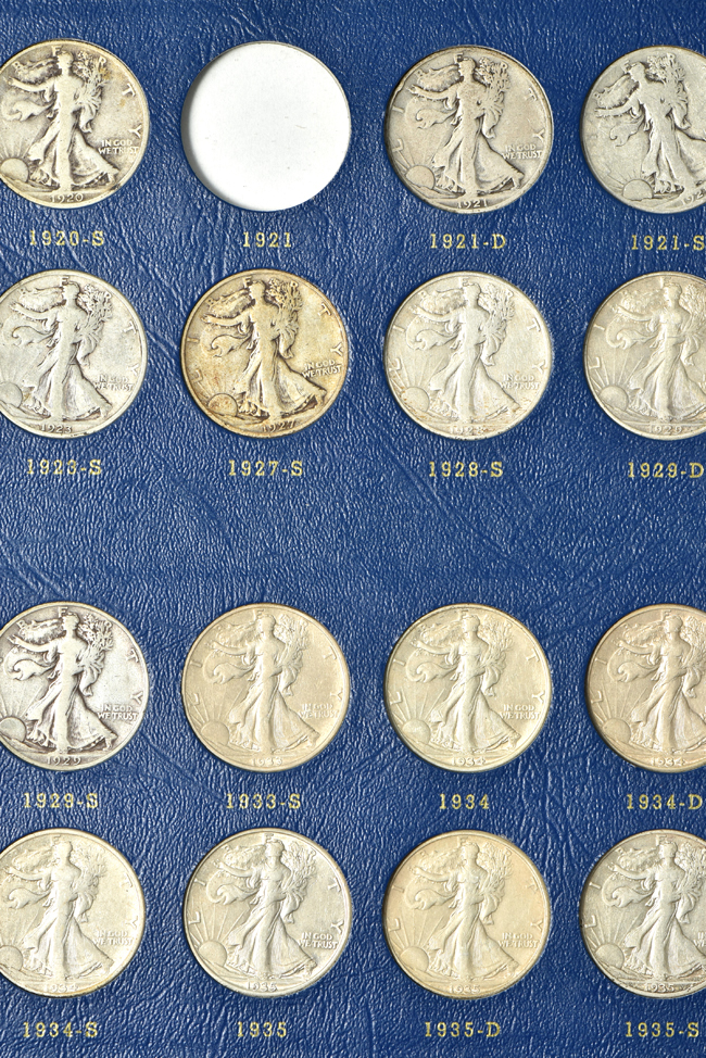 Collection of forty-four different Walking Liberty half-dollars in a Whitman 9423 album