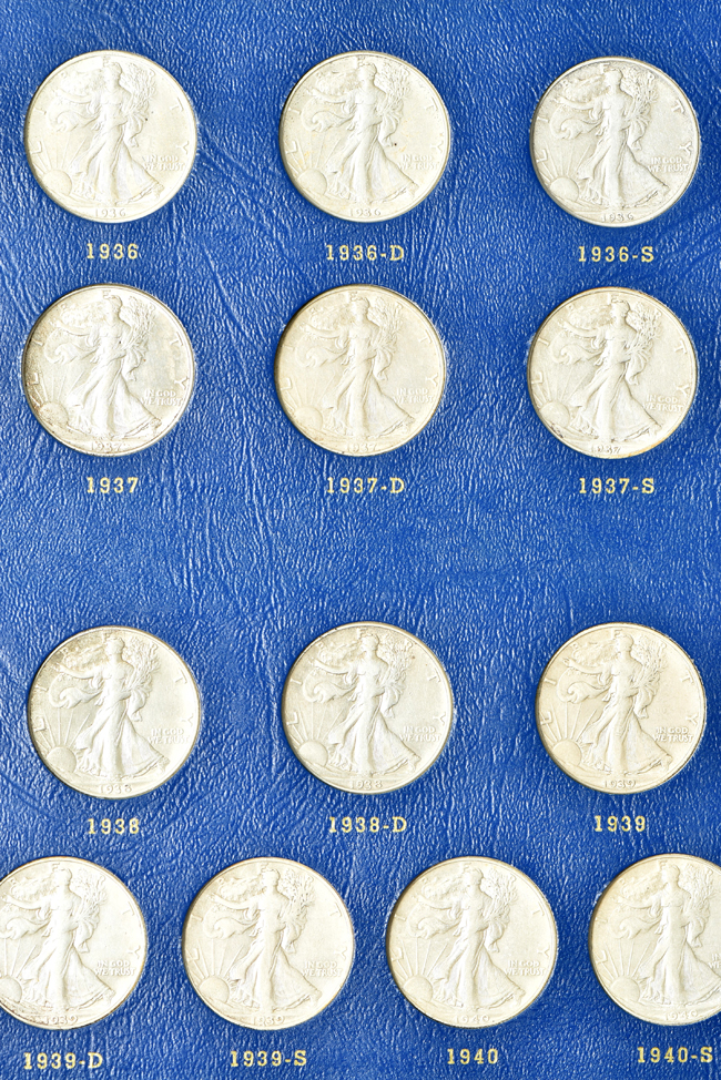 Collection of forty-four different Walking Liberty half-dollars in a Whitman 9423 album