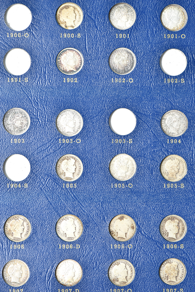 Fifty-five different Barber dimes in a 9412 album