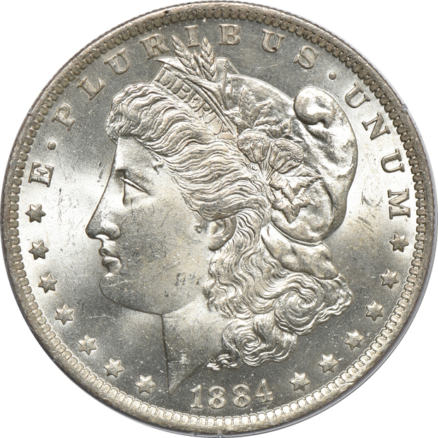 Eight Morgan silver dollars, all PCGS (rattler)