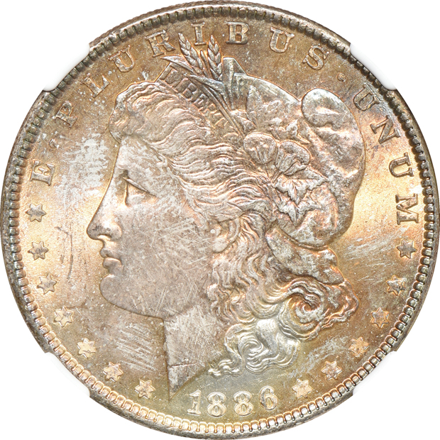 1879-S MS-64 CAC, plus four 1886 MS-64 (two CAC), all NGC