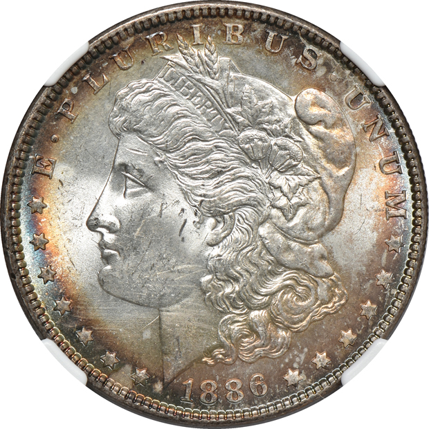 1879-S MS-64 CAC, plus four 1886 MS-64 (two CAC), all NGC